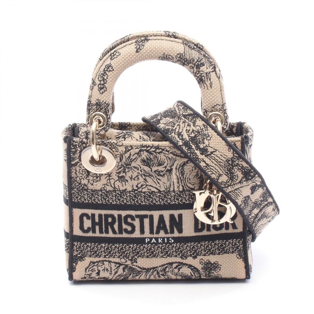 Christian Dior Lady Lite Handbag Canvas Beige Black